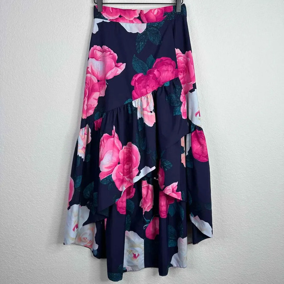 Eliza J Skirt Women’s Size 2 Floral Print Hi-Low Taffeta Ruffle Tiered Romantic - Picture 1 of 8